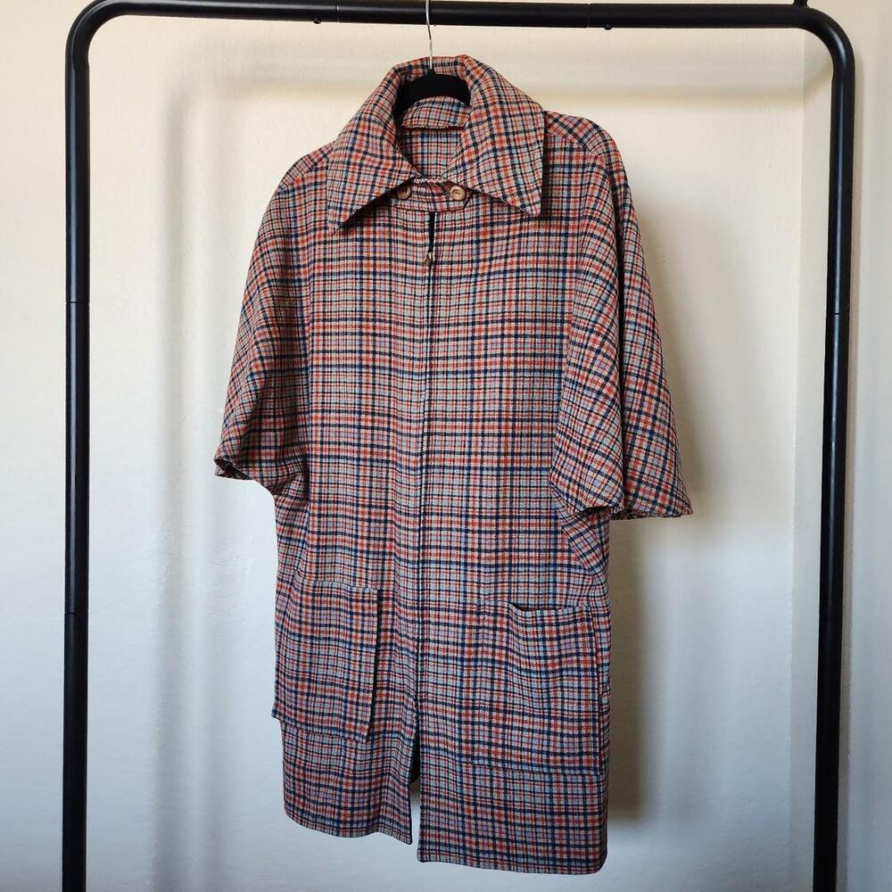 Vintage 60s Women's Mod Retro Woven Plaid Overcoat Batwing Winter Cape Size S/M